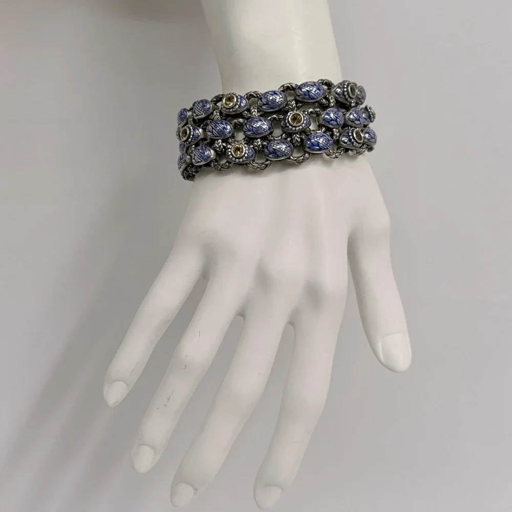 Ned Bowman Laurel Leaf Sterling Gold Blue Enamel Yellow Gemstone Bracelet 7 1/2